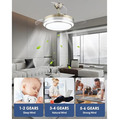 CJOY Ceiling Fans with Lights and Remote, Ceiling Fan with Retractable Blades, 42 inches Ceiling Fans with Lamps Invisible Reversible DC Motor Silent, Fan Light LED for Bedroom, 6 Speeds, Timing
