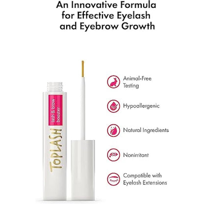 TOPLASH Eyelash Growth Serum - Innovative Eyelash and Eyebrow Growth Serum for Longer, Thicker, Fuller Brows & Lash Boost - Natural, Cruelty-Free & Hypoallergenic - 0.10 fl.oz.