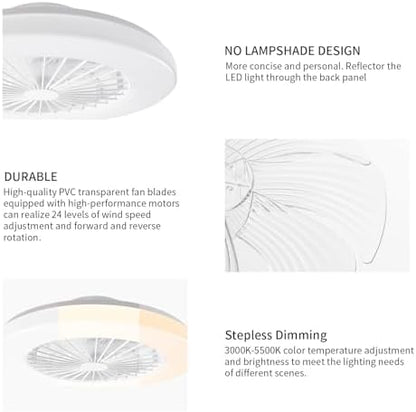 BKZO Modern LED Ceiling Light with Fan, Ceiling Fan with lamp, 24 Ventilation speeds, infinitely dimmable Light for Living Room, Bedroom, Office, 3000-5500 K,(White 48CM)
