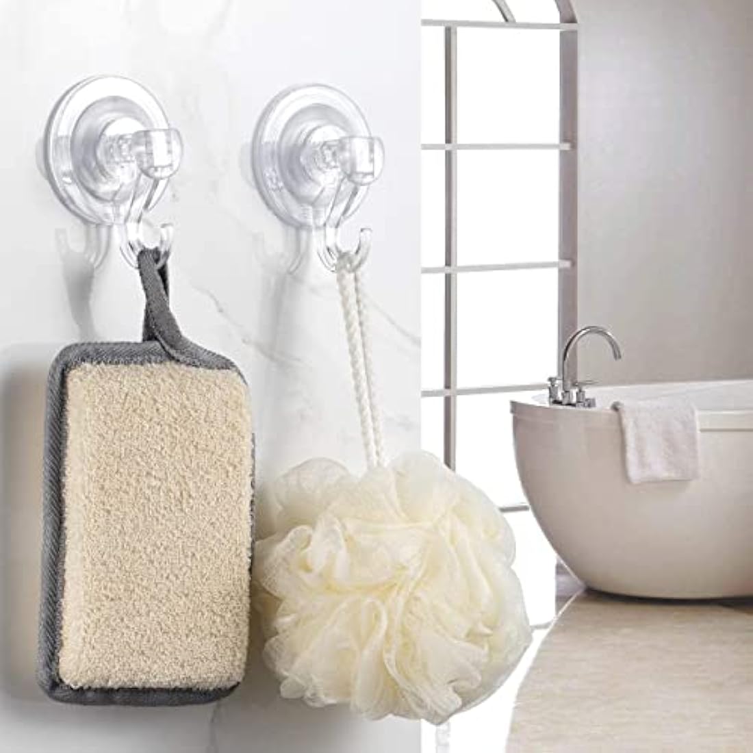 Elegear Suction Hooks for Bathroom, 3Kg Heavy Duty Plastic Strong Vacuum Suction Cup, Reusable Sucker Hook for Shower Kitchen Window Front Door Hanging Towel Caps Bags Coats Xmas Wreath, 2 Pack, Clear