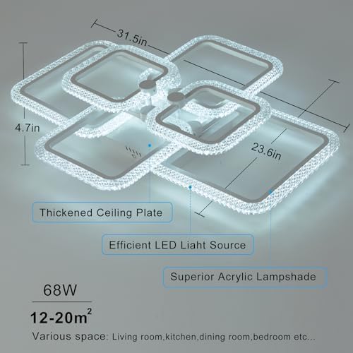 HIHIHOMY Modern Ceiling Light, With 6 Square Acrylic Crystal Frames, Dimmable With Remote Control, 3000K-6500K, Recessed Metal Led Ceiling Light For Kitchen