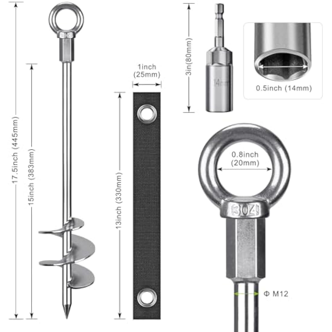 Insaga Tent Peg, 45cm Heavy Duty Ground Anchor Large Metal Earth Stake Spiral Blade Screw in Trampolines Spike for Swing Set/Camping/Shed/Dog/Carport with Fixed Loop Strap, 6 Pack