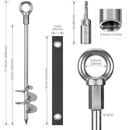 Insaga Tent Peg, 45cm Heavy Duty Ground Anchor Large Metal Earth Stake Spiral Blade Screw in Trampolines Spike for Swing Set/Camping/Shed/Dog/Carport with Fixed Loop Strap, 6 Pack