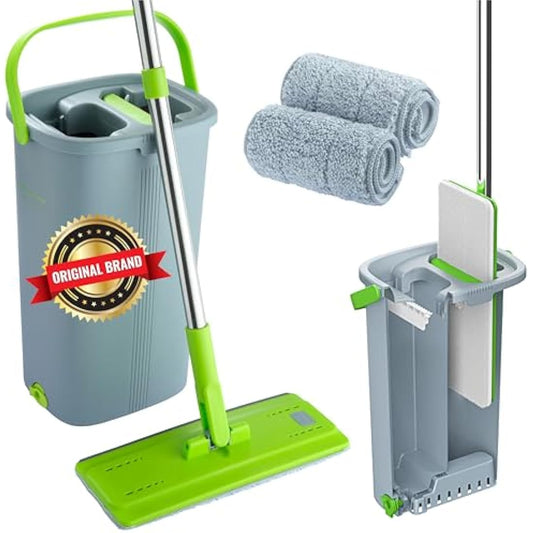 Mop and Bucket Set - Easy Gleam Floor Flat Mop with 2-Chamber Bucket - Microfibre Pads and Stainless Steel Handle - Compact and Lightweight for Efficient Cleaning - Green