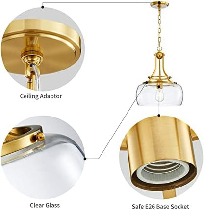 WUZUPS Chandelier Rustic Farmhouse Industrial Round Ceiling Pendant LED Light Fixture with Clear Glass Shades for Dining Room Kitchen Island Foyer Entryway, H 43 x W 34, E27 Base, Brushed Gold