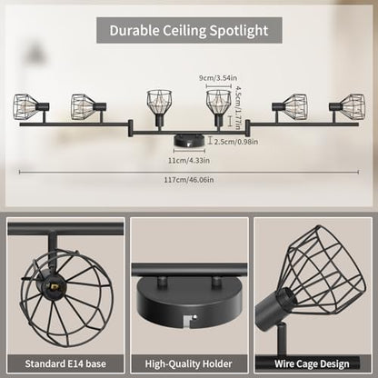 Dehobo Spot Light Fittings for Ceilings Adjustable Metal Wire Cage Kitchen Spotlight with E14 Base Black 6 Way Ceiling Light Industrial for Bedroom Bar Hallway Living Room No Bulb