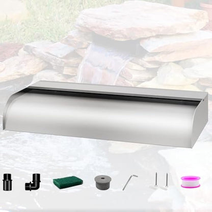 LONGRUNNEW Pond Waterfall Blade Kit, 60cm Stainless Steel Pool Fountain with Accessories, Width 31cm Spillway Water Feature Waterfall Cascade for Garden Patio Pond Decoration
