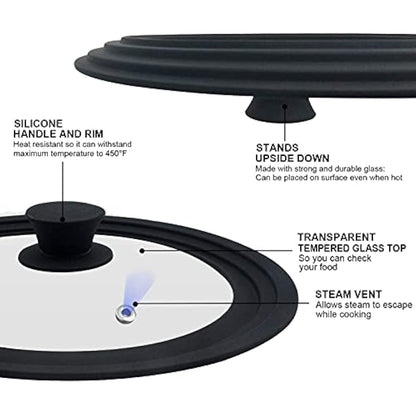 Universal Lid for Pots, Pans and Skillets - Tempered Glass with Heat Resistant Silicone Rim and Fits 18/20/22cm and 26/28/30cm Diameter Cookware