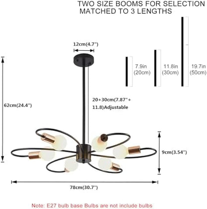 Qcyuui 6-Light Black Chandeliers, Gold Sputnik Ceiling Light, Vintage Instustrial Metal Pendant Light, Adjustable Height Chandeliers for Living Room Bedroom