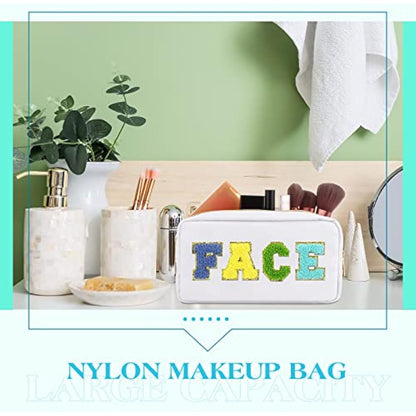 4 Pcs Preppy Makeup Bag Chenille Letter Nylon Cosmetic Bag Makeup Organizer Bag Toiletry Cosmetic Case Preppy Bag with Zipper Stuff Bag Cosmetic Pouch Makeup Pouch for Women Teen Girl, Bright Colors