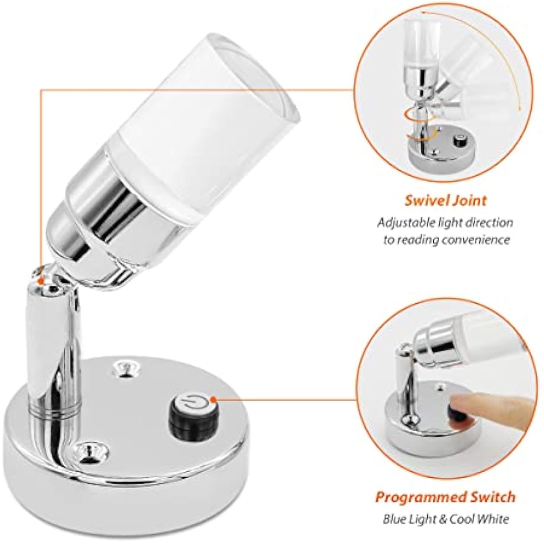 Dream Lighting 2 x 12v Reading Light Cool White - 6000K 2W 100LM with Blue Night Lighting - Wall Sopt Lights for Caravan Campervan Motorhome Boat - Chrome Plated Housing with Clear Acrylic Lampshade