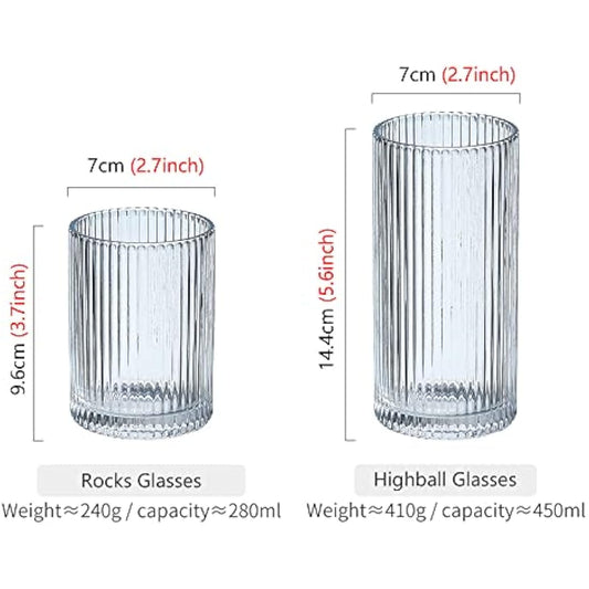 Drinking Glasses with Origami Style Set of 4pcs Glass Cups, 2 Highball Glasses & 2 Rocks Glasses, Elegant Ripple Vintage Glassware, Iced Coffee Glasses, Ideal for Cocktail, Whiskey,Beer