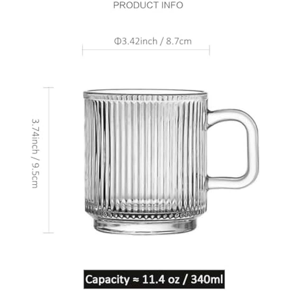 binsakao Glass Coffee Mugs 6 Pack - 340 ml Premium Coffee Cups with Handles - Classic Vertical Stripes Transparent Tea Cup Set for Hot Cold Beverages