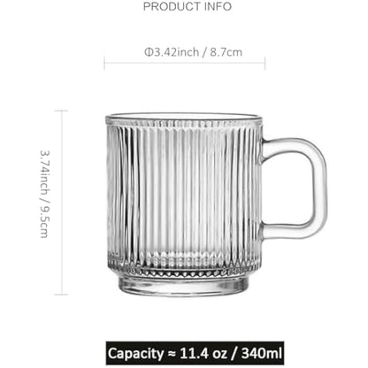 binsakao Glass Coffee Mugs 6 Pack - 340 ml Premium Coffee Cups with Handles - Classic Vertical Stripes Transparent Tea Cup Set for Hot Cold Beverages