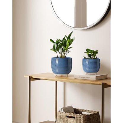 LE TAUCI Ceramic Plant Pots, 12 + 16 cm Footed Pots for Plants, Cute Modern Flower Pots for House and Office, Small Indoor Planters with Drainage, Reactive Glaze Blue