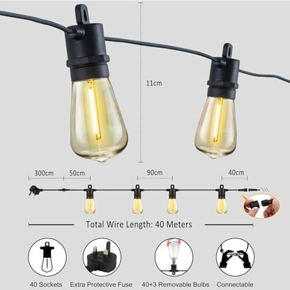 Festoon Lights Outdoor 40M Mains IP65 with 43 LED 2700K Bulbs Outdoor Lights for Indoor Outside Patio Pergola Decor, 3.5M Extension Cable Built-in