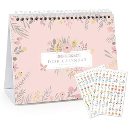 MOKANI Desk Calendar 2025-2026, Small Standing Desktop Calendar (Jul.2025-Dec.2026), Academic Monthly Planner with 234 Stickers and Multi-country Holidays Marked- 20.5 X15cm