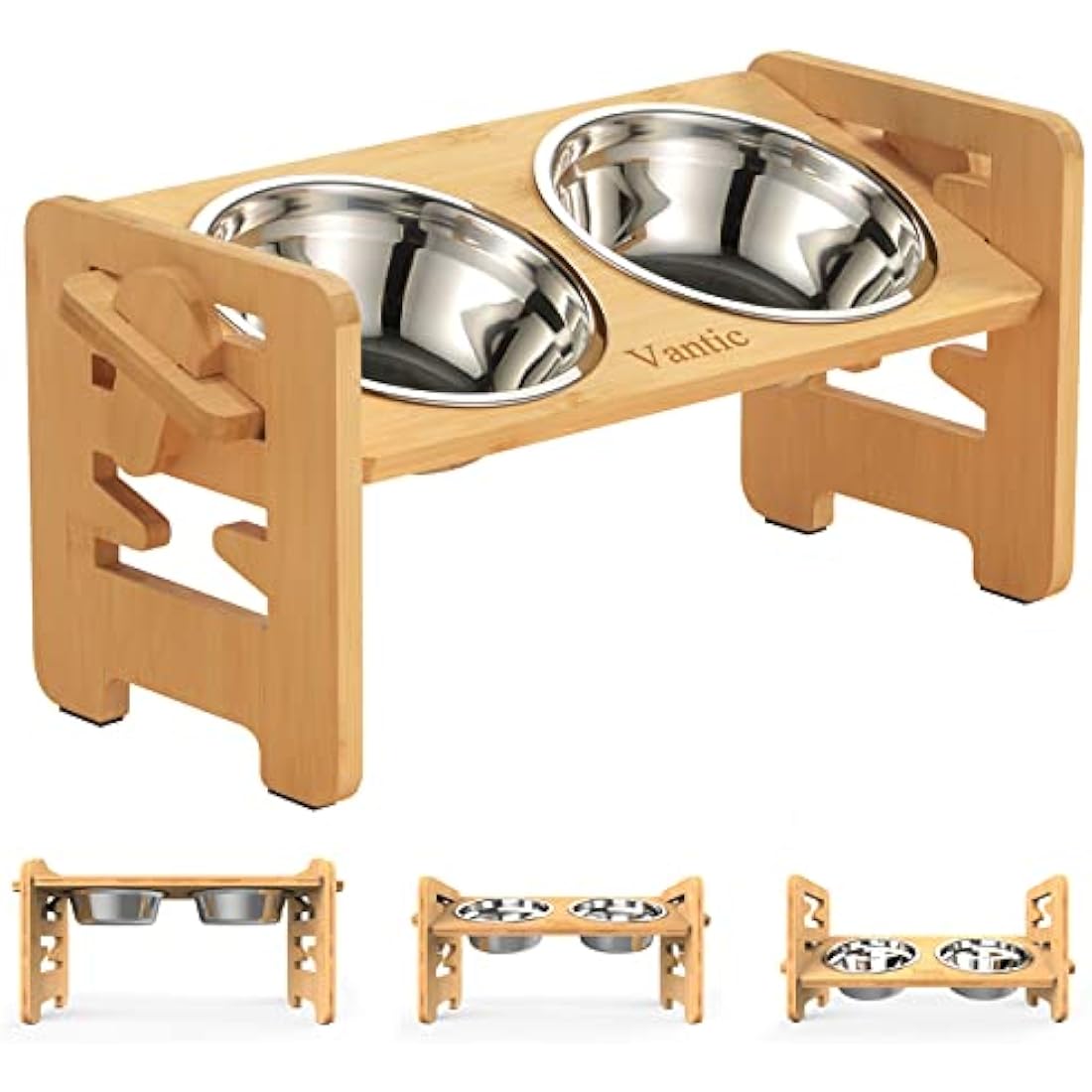 Vantic Raised Dog Bowls with Stand, 6 Heights Adjustable Bamboo Dog Feeding Station with 2 Stainless Steel Bowls, 17cm High