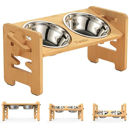 Vantic Raised Dog Bowls with Stand, 6 Heights Adjustable Bamboo Dog Feeding Station with 2 Stainless Steel Bowls, 17cm High