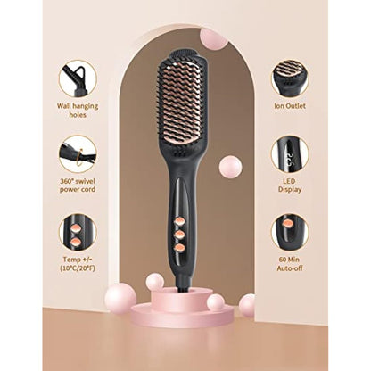 LANDOT Hair Straightener Brush Heated Straightening Brush: Negative Ion Ceramic Hot Hair Brush Straightener for Smooth Frizz-Free Hair