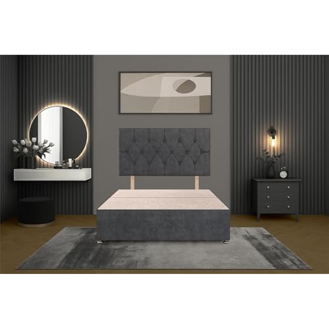 Bed Centre 3FT Single Charcoal Plush Divan Bed Base with Matching Headboard – Stylish Upholstered Platform | No Drawers | UK Made | Durable & Modern Design