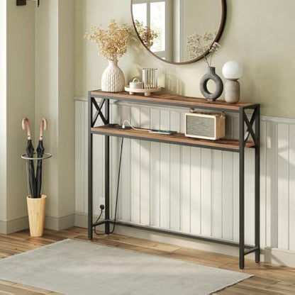 MAHANCRIS Narrow Sofa Table with Charging Station, 100 cm Behind Couch Table, Skinny Console Table with Outlet for Living Room, Rustic Brown and Black ACTHR115KE01N1