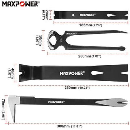 MAXPOWER Pry Bar/Nail Puller Set 4-Piece, 300mm Crowbar Claw Nail Puller, 260mm Wonder Pry Bar Wrecking Bar, 190mm Mini Utility Bar and 250mm Carpenters Pincer