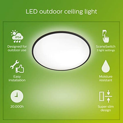 Philips LED SuperSlim Outdoor Ceiling Light 15W [Cool White - Black] Water Resistant IP54, For Garden, Patio and Terrace Lighting.