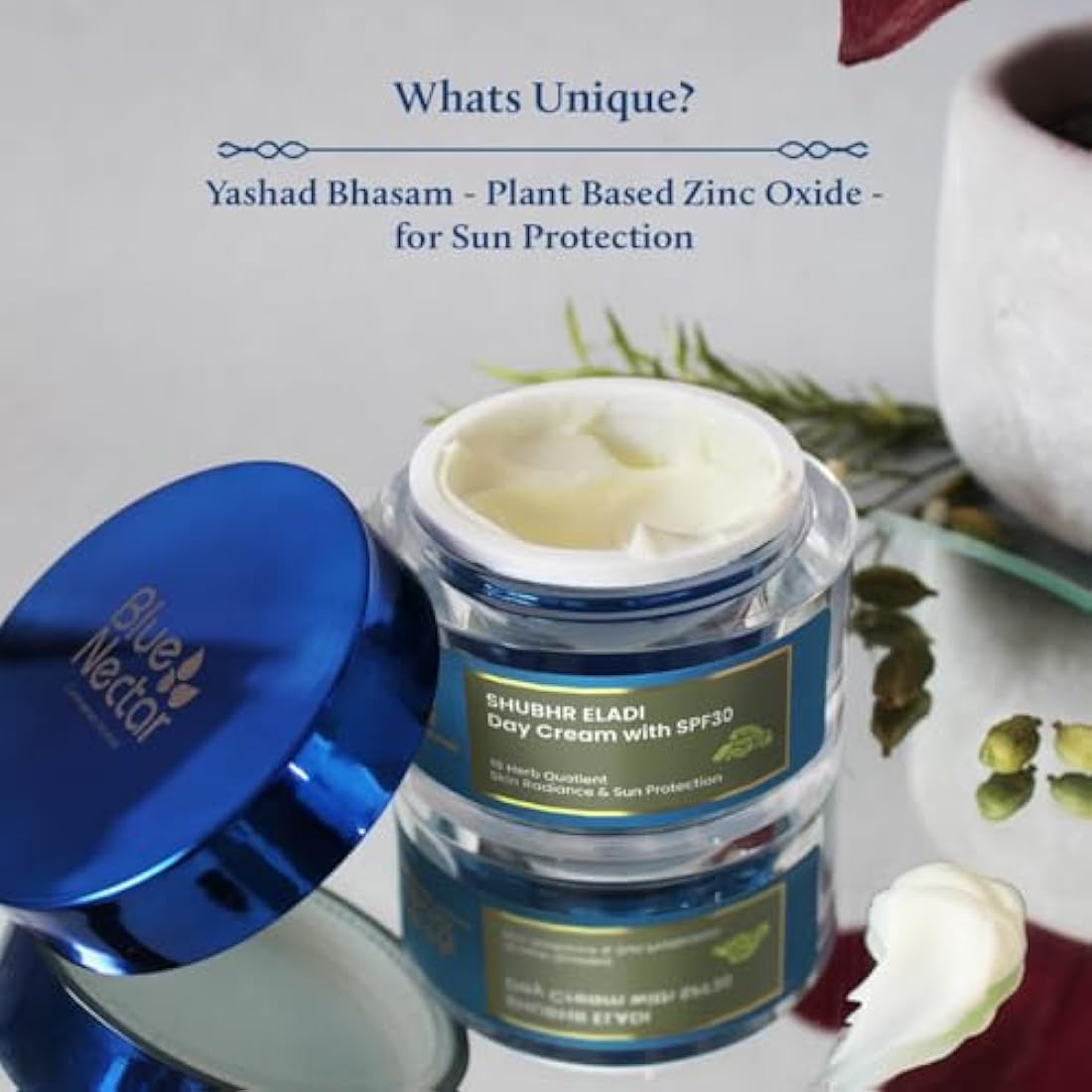 Blue Nectar Natural Face Moisturizer With SPF 30, Ayurvedic Brightening Day Face Cream for Skin Glow with Eladi Kumkumadi,Turmeric and Almond (Women, 19 Herbs, 50g)