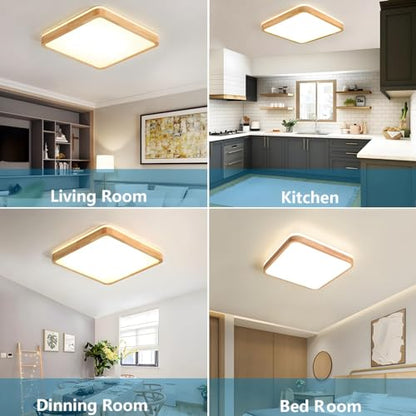 YYUTLUO LED Ceiling Light Wood, Top 360 Glow Square Natural Wooden Lamp | Dimmable with Remote Control 2700K-6500K, 30W | Living Room, Dining Room,