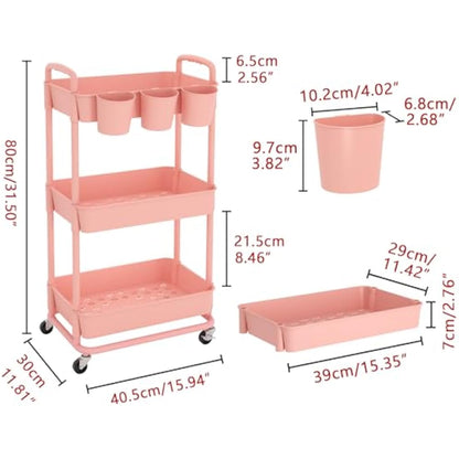 JIUYOTREE 3-Tier Plastic Rolling Storage Cart Utility Cart with Extra Hanging Cups Handles Lockable Wheels for Living Room Bathroom Kitchen Office Pink