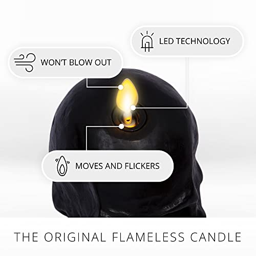 Luminara Flameless Single LED Moving Flame Small Skeleton Skull Figural (3.75" x 4.25") Real Wax LED Candle, Unscented, Timer - Black