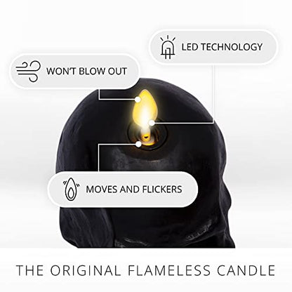 Luminara Flameless Single LED Moving Flame Small Skeleton Skull Figural (3.75" x 4.25") Real Wax LED Candle, Unscented, Timer - Black