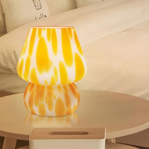 MLOQI Mushroom Lamp Aesthetic Room Decor, Small Table Lamp Glass Vintage Bedside Lamp, Cute Night Light (Orange)