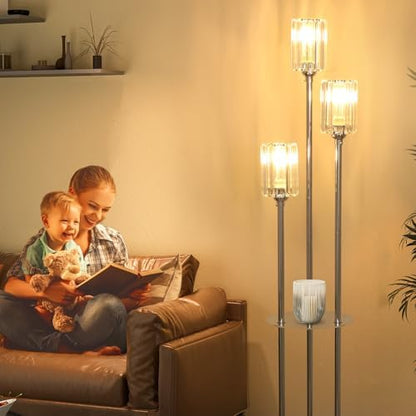 Rayofly Modern Floor Lamps for Living Room, 3-Lights Crystal Floor Lamp with Shelves, Chrome Standing Lamp with Crystal Shades and Foot Switch, Standing Lamps for Bedroom, Corner Tall Lamp for Office