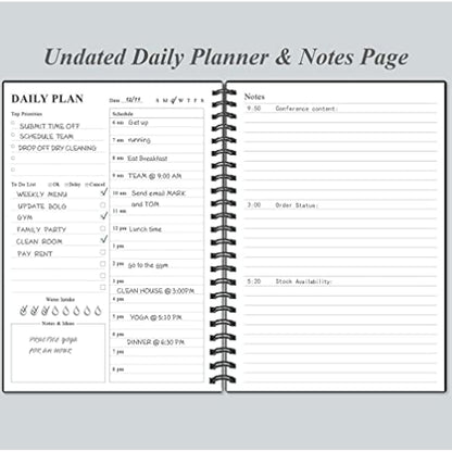 Daily Planner Undated - A5 To Do List Notebook Hourly Schedules, Spiral Appointment Planner for Women and Men, PVC Hardcover, Inner Pocket, Elastic Closure, 5.8" x 8.5", Black