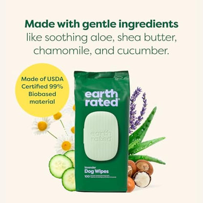 Earth Rated Dog Wipes, Hypoallergenic, Cleaning and Hydrating, for Grooming Paws, Body and Bums, Lavender Scented, 400 Count
