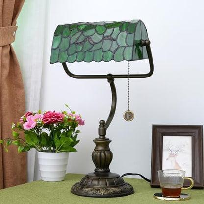 Blivuself Tiffany Style Green Bankers Desk Lamp Stained Glass Lamps Tree Leaf Vintage Bedroom Bedside Study Pull Chain Reading Desk Light Retro Office Led Adjustable Nightstand Antique Accent Deskla