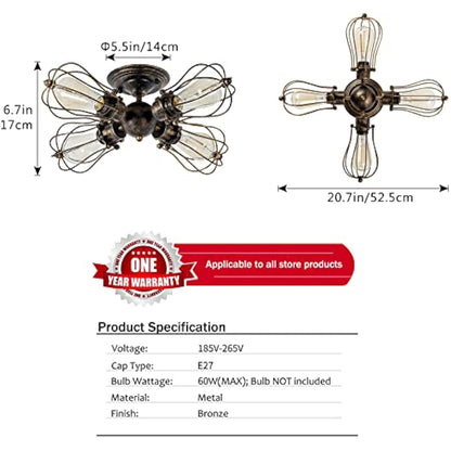 LULING Vintage Ceiling Light Industrial, Chandeliers E27 Socket Metal Wire Cage Lamp Semi-Flush Mount Rustic Ceiling Light Metal Lamp Fixtures (No Bulb) (with 4 Light) (Bronze)