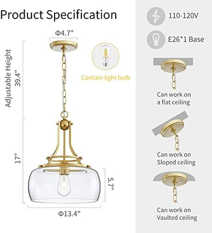 WUZUPS Chandelier Rustic Farmhouse Industrial Round Ceiling Pendant LED Light Fixture with Clear Glass Shades for Dining Room Kitchen Island Foyer Entryway, H 43 x W 34, E27 Base, Gold