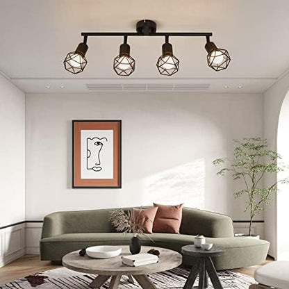 Spotlight Fitting, Retro Rotatable Ceiling Spotlight, Black Metal Iron Lampshade Ceiling Light, Adjustable Lamp for 4 E14 Bulb, Suitable for Living Room Bedroom Kitchen Loft Hallway