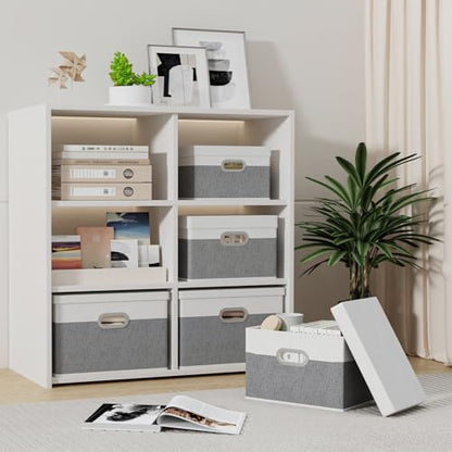 Yawinhe Large Storage Box with Lid 3 Pack, Collapsible Cubes Baskets, for Cupboards, Wardrobe, Shelves, 44x30x30cm, White/Grey, SNK023WGX-3