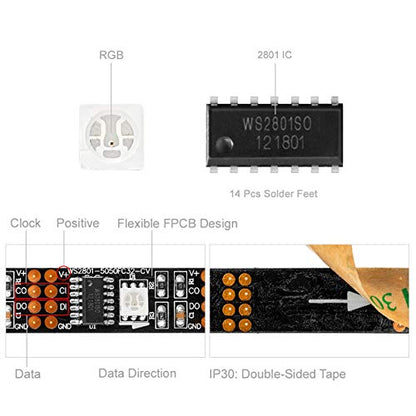 BTF-LIGHTING Individually Addressable WS2801 Light LED Strip 5050 SMD RGB 32LEDs/m 3M 9.8ft 96LEDs IP30 Non-Waterproof Black PCB Pixel Light DC5V 4PIN