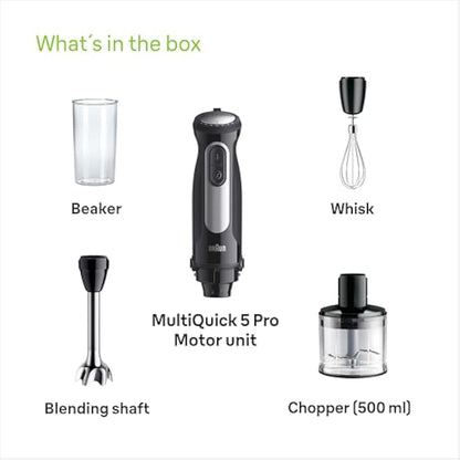 Braun MultiQuick 5 Pro MQ 55236 M, Hand Blender with PowerBell Plus Technology, 25 Speed Wheel+Turbo, Easy Click System Plus for Accessories, 600ml Chopper, Metal Whisk and 600ml Beaker, 1000W, Black