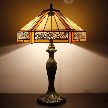 Tiffany Lamp Yellow Hexagon Stained Glass Mission Style End Coffee Table Lamps Bookcase Reading Lighting Lampshade Antique Base W16 H24 Inch Living Room Bedroom Bedside Desk S011 WERFACTORY
