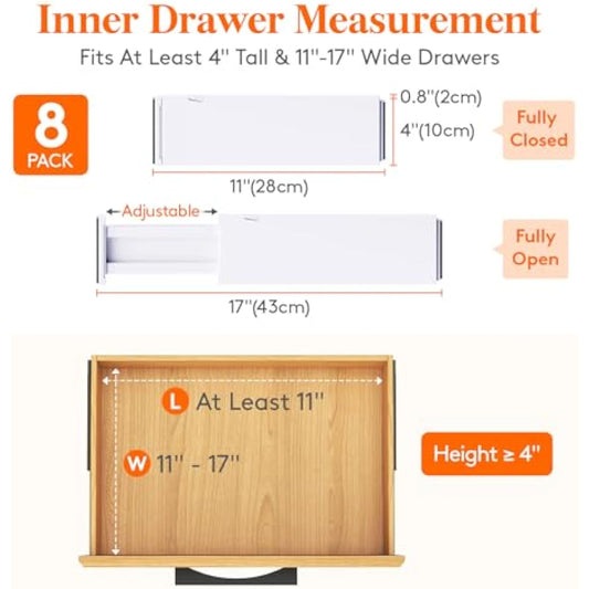 Lifewit 8 Pack Drawer Dividers Plastic 4" High, 11-17" Adjustable Drawer Organisers for Clothes, Expandable Dresser Separators in Bedroom/Bathroom/Kitchen/Office Organization and Storage