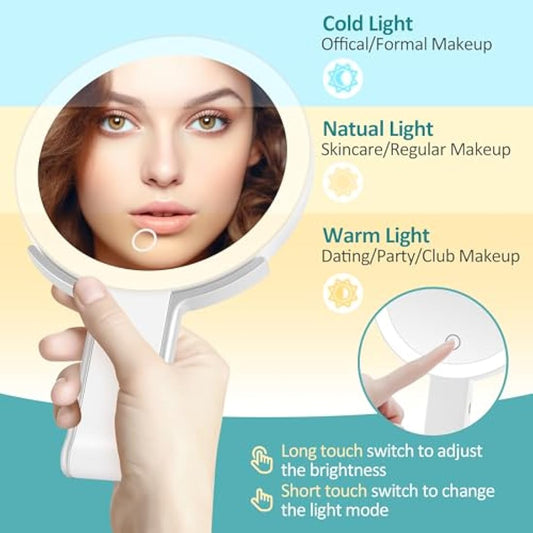Travel Mirror with Light,Double-sided 20x/1x Magnifying Makeup Vanity Mirror,Rechargeable Adjustable Brightness 3 Colour Lighting,Folding,Handheld/Hangable/Tabletop,3 ways Using Mirror,White