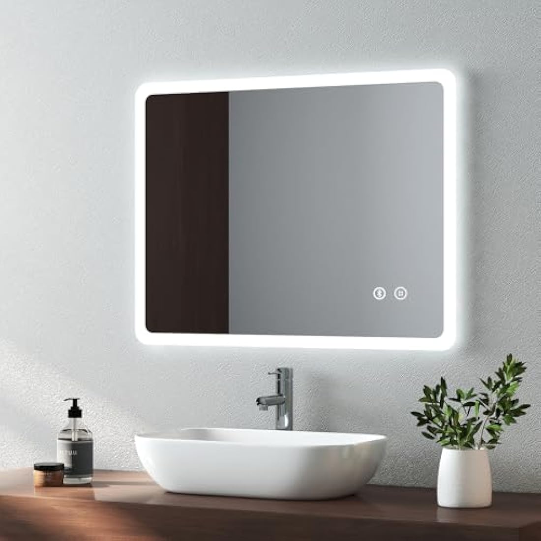 EMKE 450 X 600 mm Backlit Illuminated Bluetooth Bathroom Mirror with Shaver Socket, Wall Mounted Multifunction Bathroom Vanity Mirror with LED Lights and Demister Pad, Energy-Saving LED Smart Mirrors