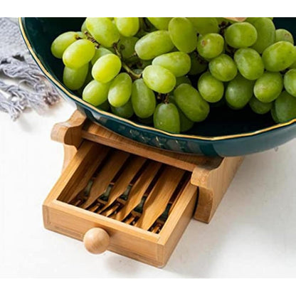 Simcat Fruit Plate Set Fruit Basket for Kitchen Counter, Ceramic Fruit Bowl,Large Capacity Fruit Bowl Set with Holder, Bamboo Fruit Serving Tray (Three Layer Dark Green)