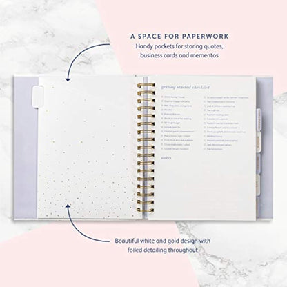 Busy B Wedding Planner - Beautiful white & gold spiral-bound wedding organiser with 6 tabbed sections and storage pockets. Perfect engagement gift.